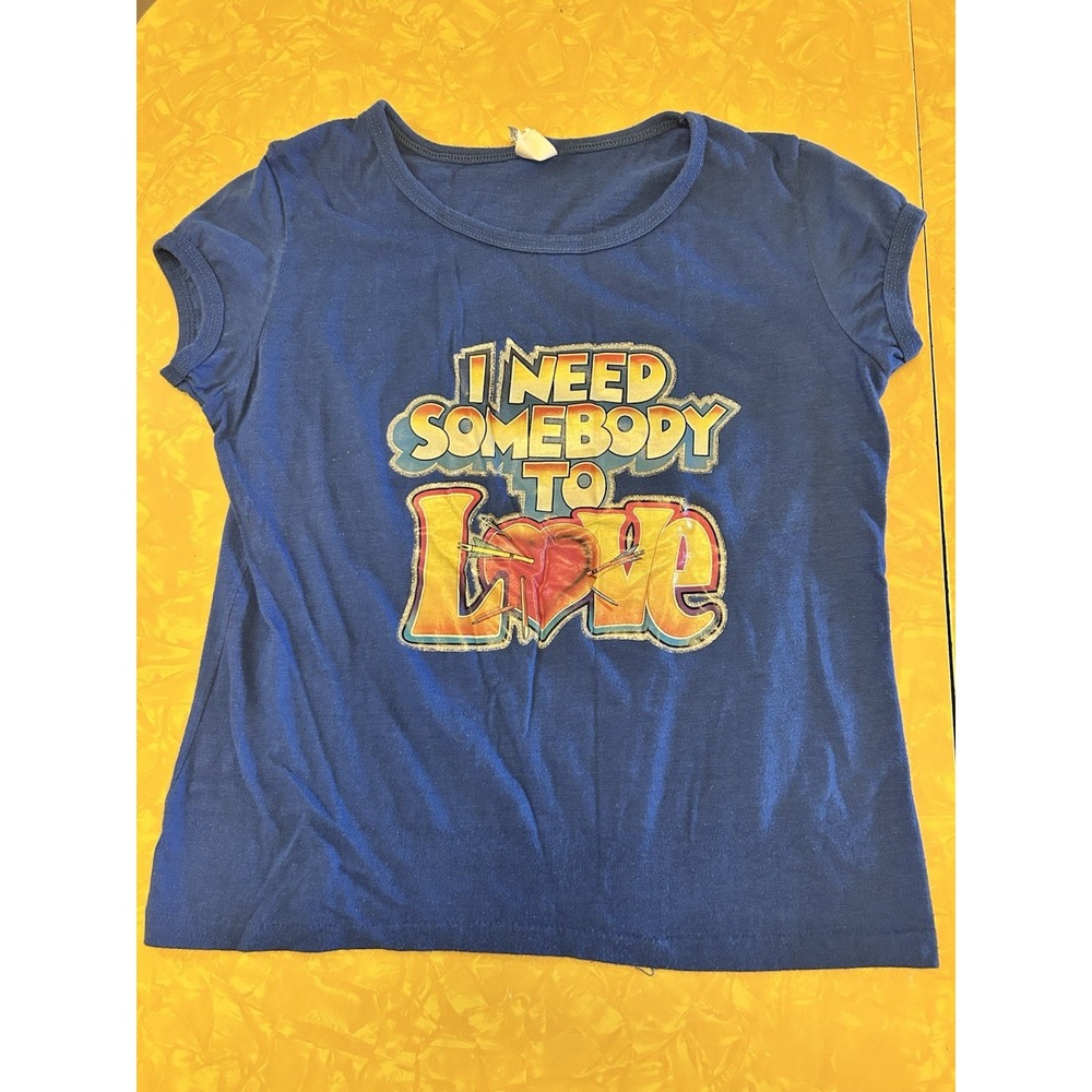 VTG 80s 90s I Need Somebody To Love T Shirt M Glitter Blue Baby Tee